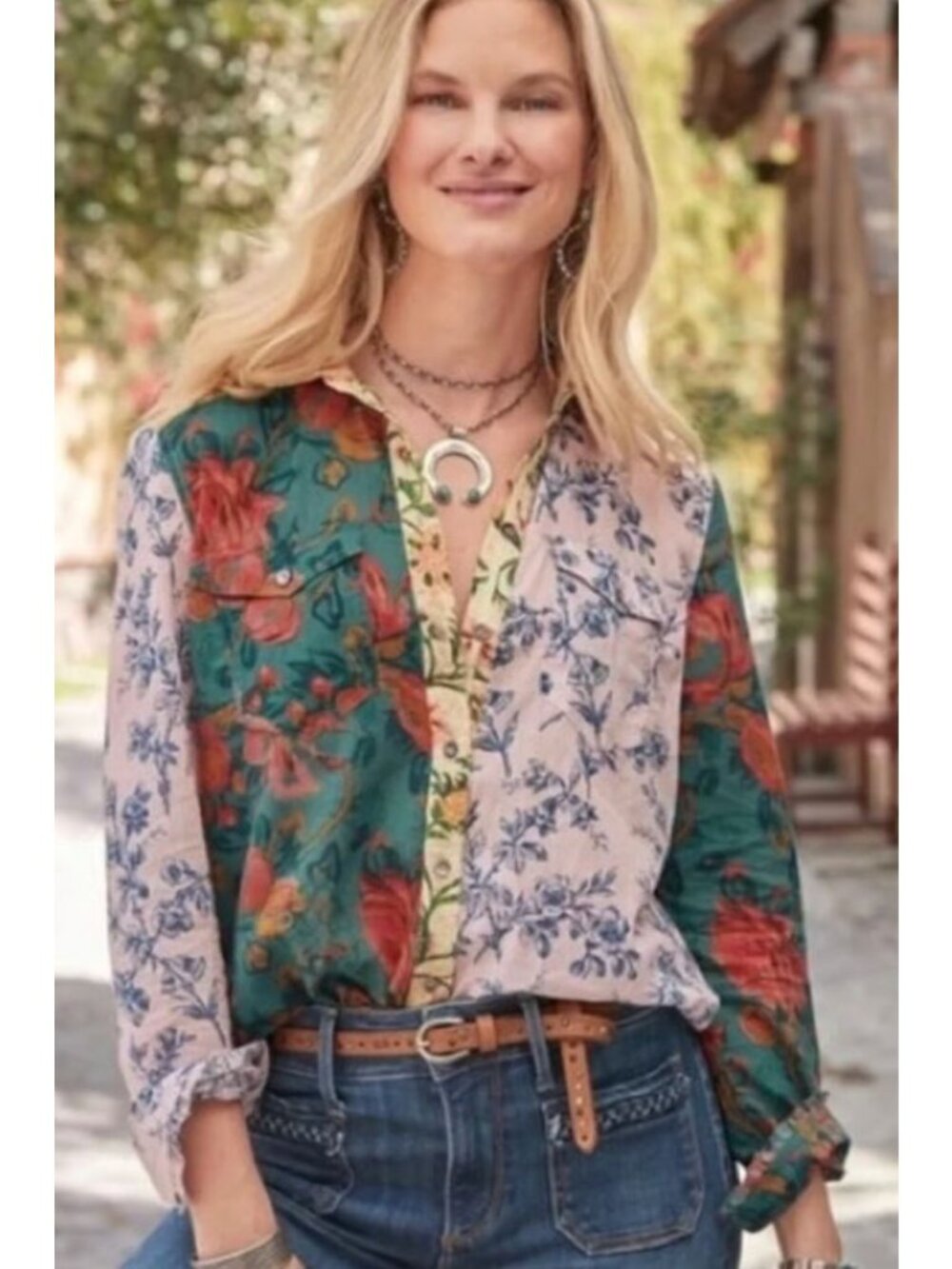 Sundance Womens Patchwork Floral Cotton Button-Down Shirt-sz XL